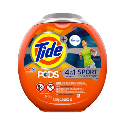 Tide Pods + Febreze 4-in-1 Sport Odor Defense Laundry Detergent Pacs, Active Fresh Scent – 54 ct