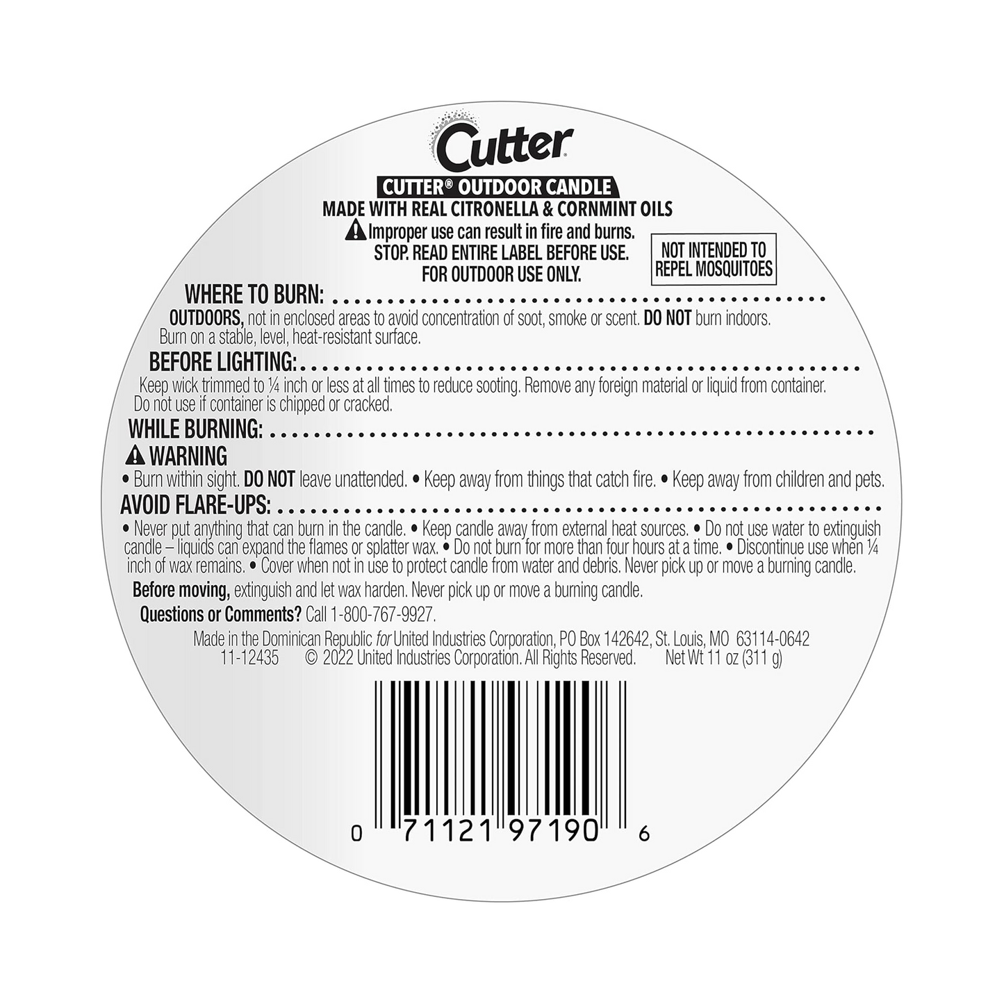 Cutter Outdoor Candle, Citronella and Mint Scent – 311 g