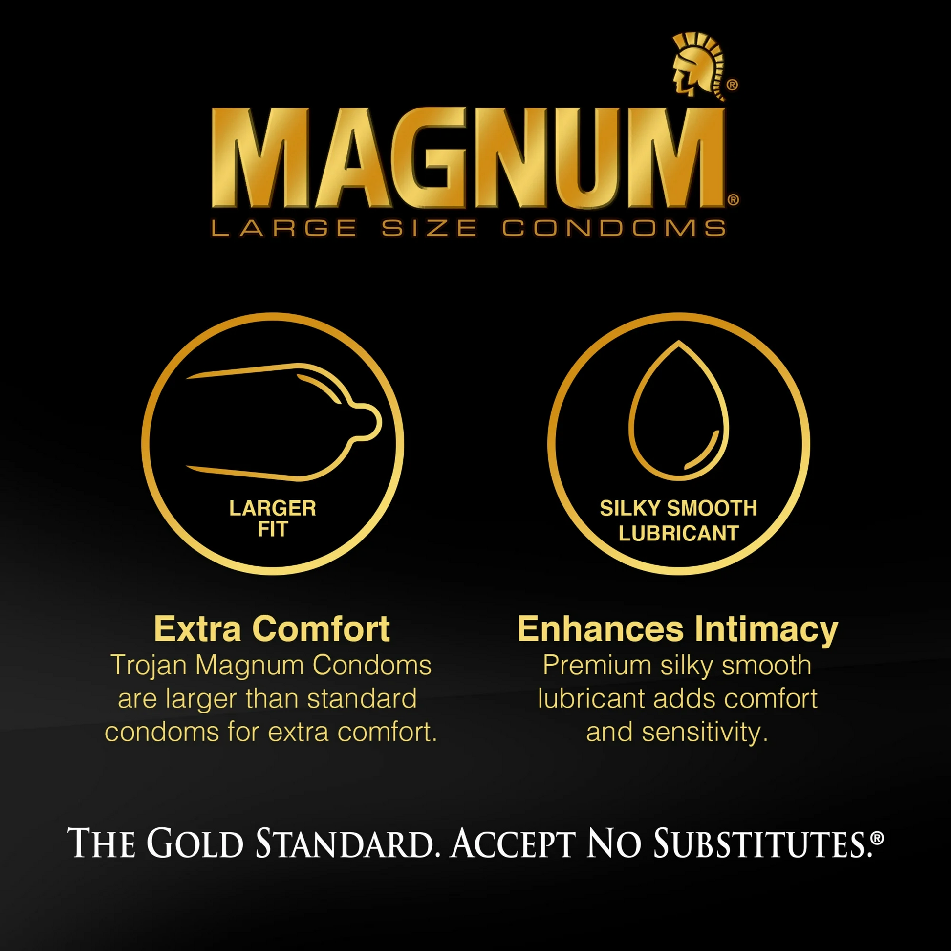 Magnum condom advertisement with features and branding on a black background