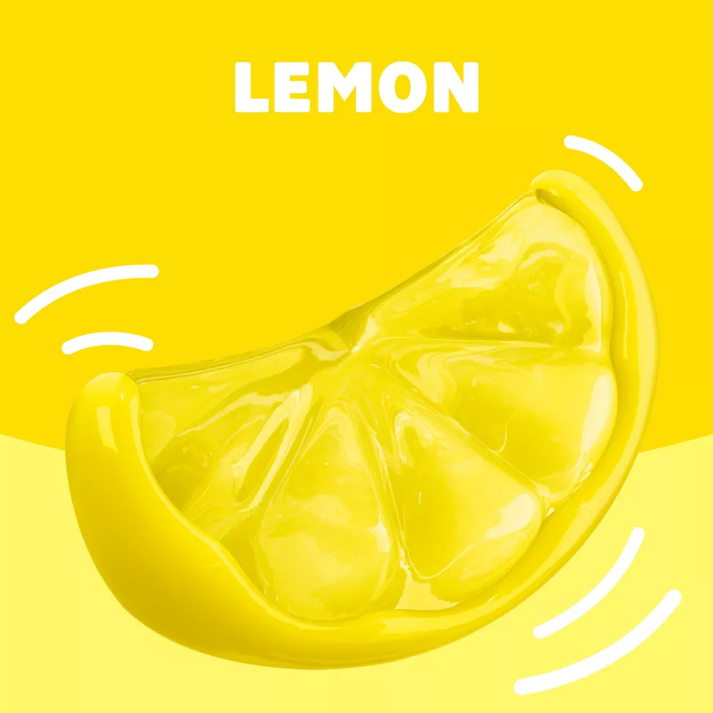 Sliced lemon on a yellow background with the word 'LEMON' above it.