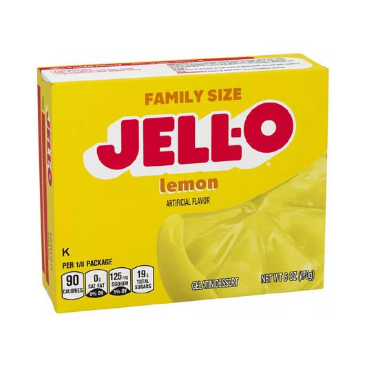 Yellow box of Jell-O Lemon flavor gelatin dessert with red and white text on a white background
