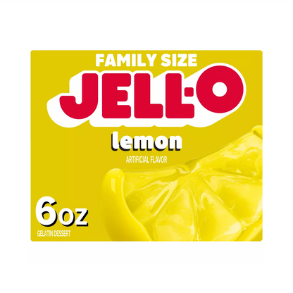 Jell-O lemon flavor package with 'Family Size' text on a white background
