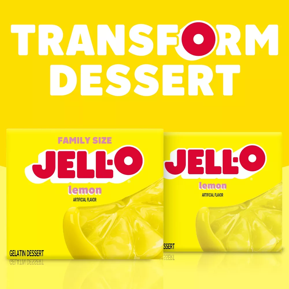 Two packages of lemon Jell-O on a yellow background with 'Transform Dessert' text.