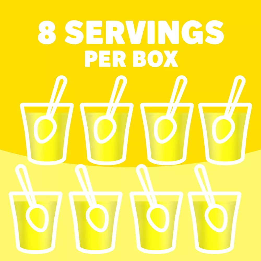 Illustration of eight glasses of yellow liquid with straws on a yellow background, indicating 8 servings per box.