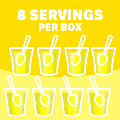 Illustration of eight glasses of yellow liquid with straws on a yellow background, indicating 8 servings per box.