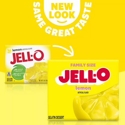 Two Jell-O lemon flavor packages with a yellow background and text indicating 'New Look, Same Great Taste'.