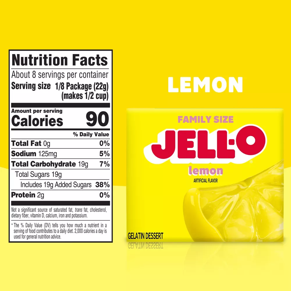 Lemon Jell-O package with nutrition facts label on a yellow background