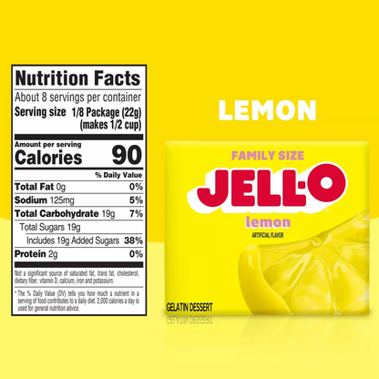 Lemon Jell-O package with nutrition facts label on a yellow background