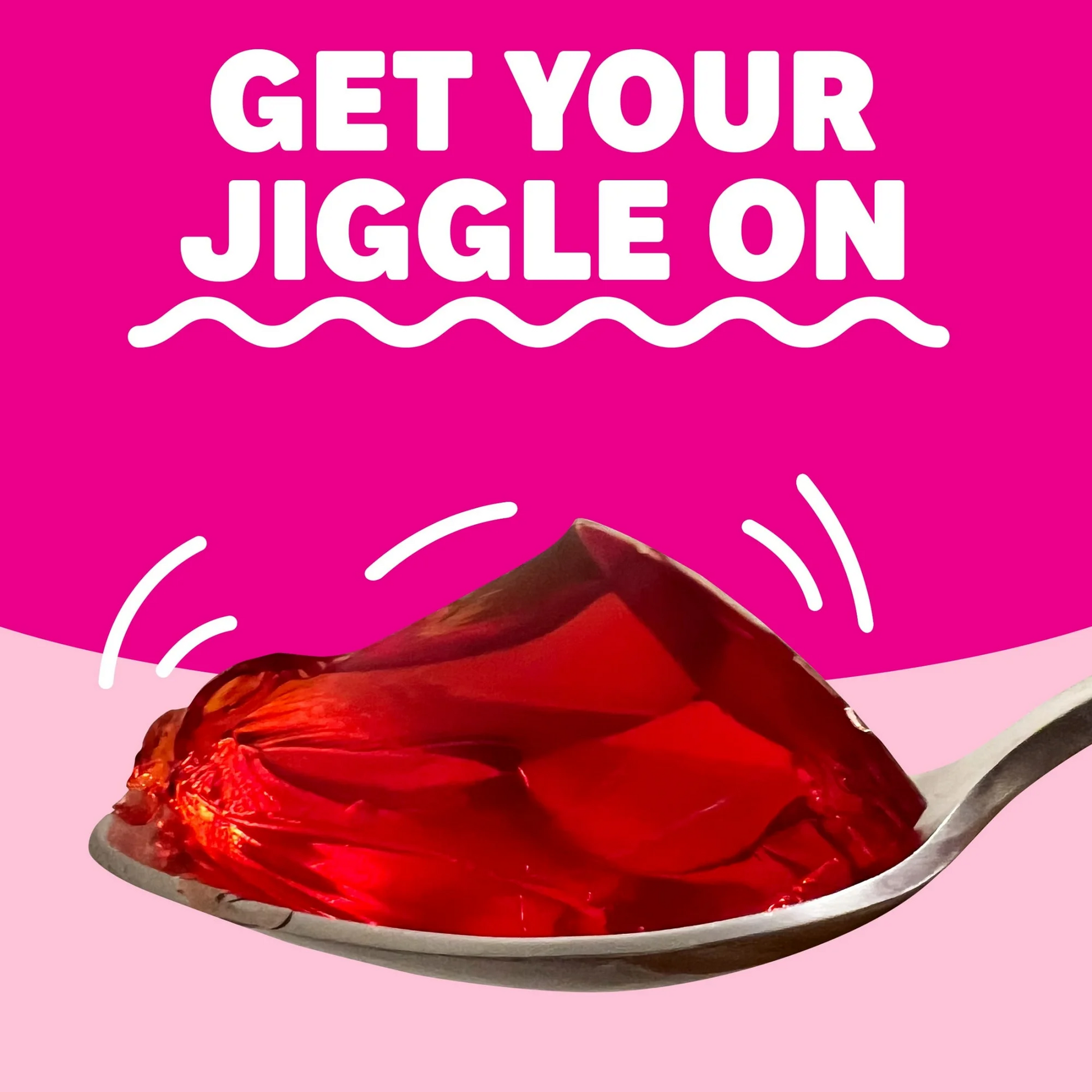 Red jelly on a spoon with 'Get Your Jiggle On' text on a pink background