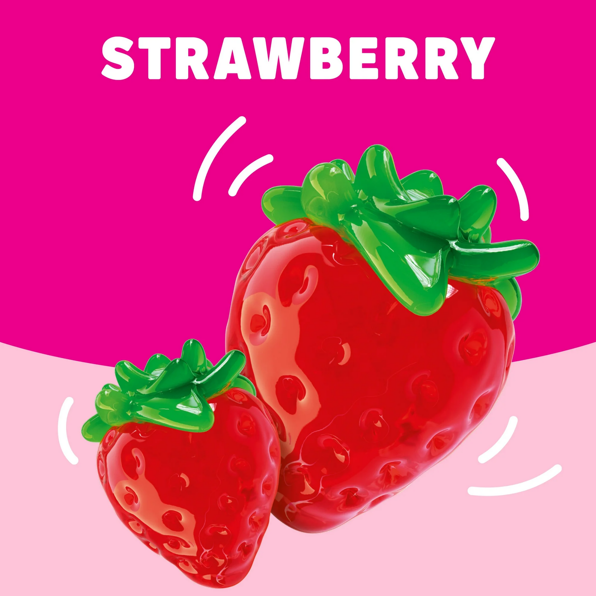 Two red strawberry-shaped objects with green tops on a pink background, labeled 'Strawberry'.