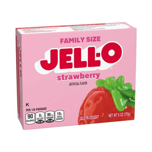 Pink box of Jell-O Strawberry flavor on a white background