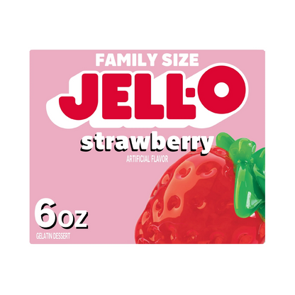 Pink Jell-O strawberry flavor package on a white background