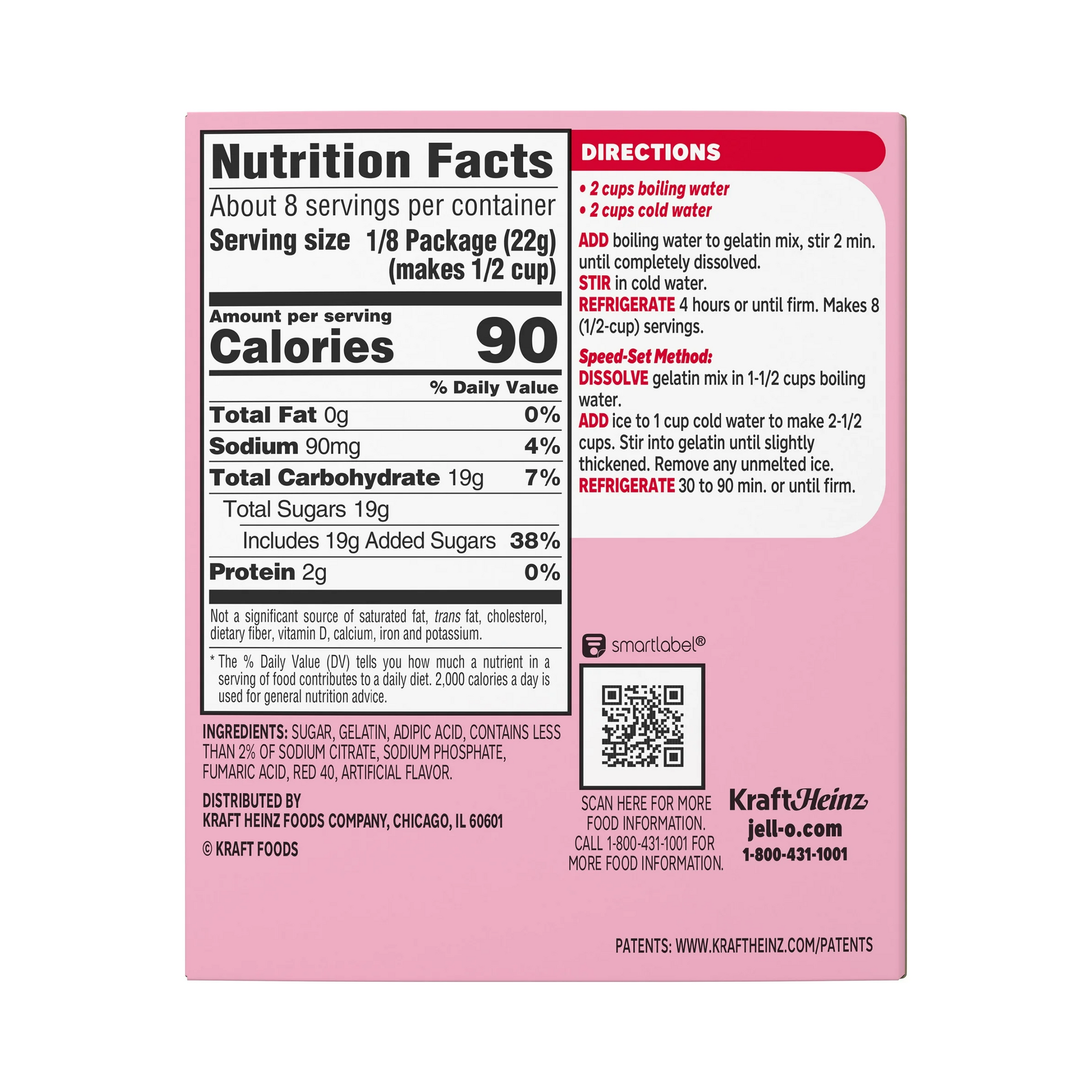 Nutrition label on a pink background with text and a QR code.