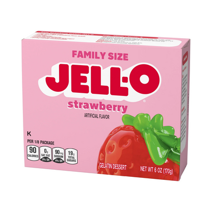 Pink box of Jell-O Strawberry flavor on a white background