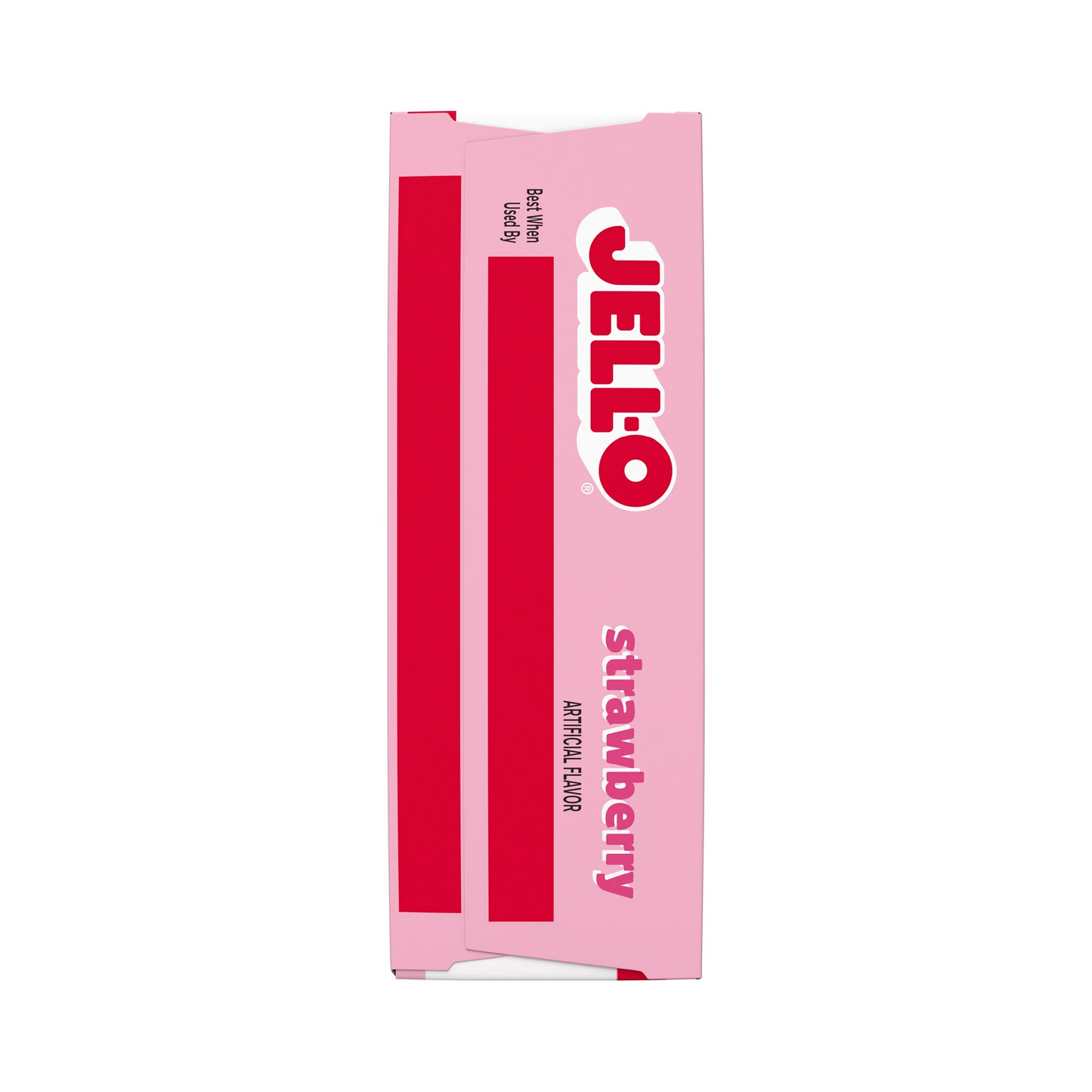 Pink Jell-O strawberry flavor packet on a white background