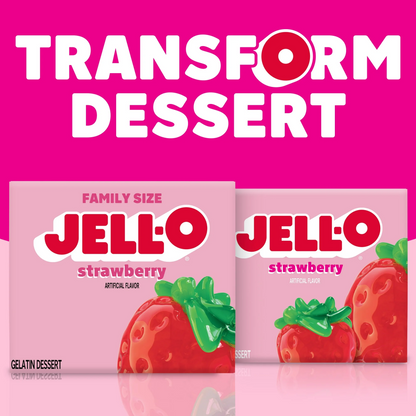 Two Jell-O strawberry dessert packages on a pink background with 'Transform Dessert' text.