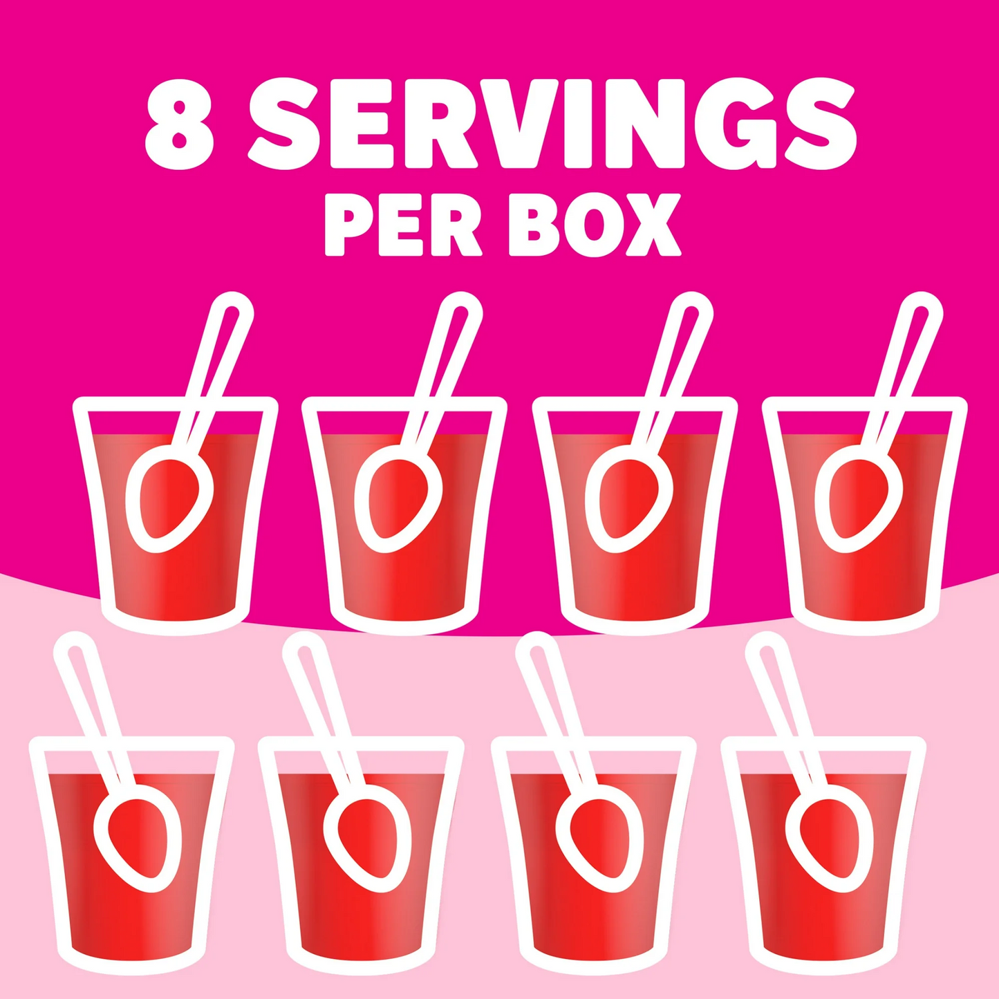 Illustration of eight red drinks with straws on a pink background, indicating 8 servings per box.