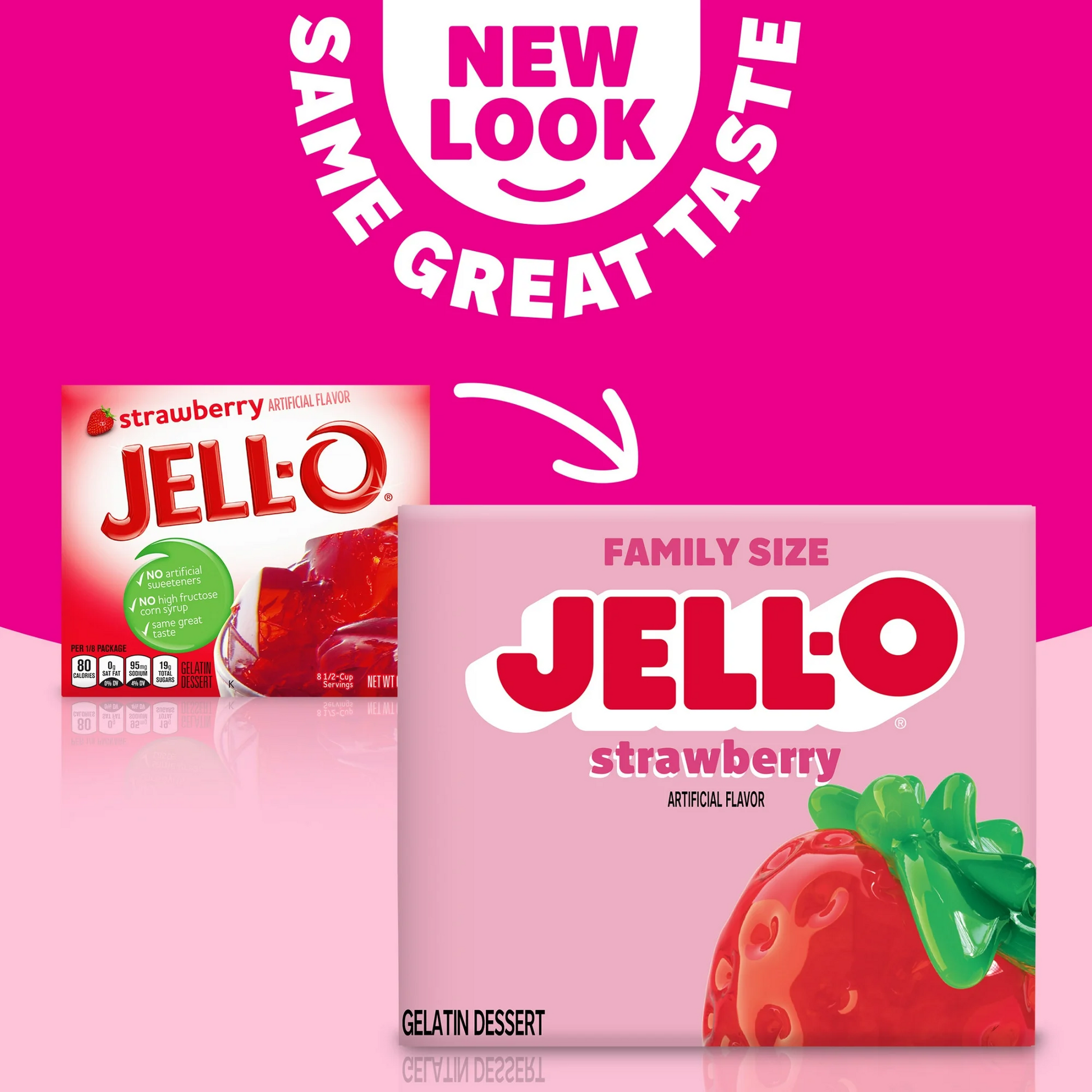 Two Jell-O strawberry boxes with a pink background and text indicating 'New Look, Same Great Taste'.