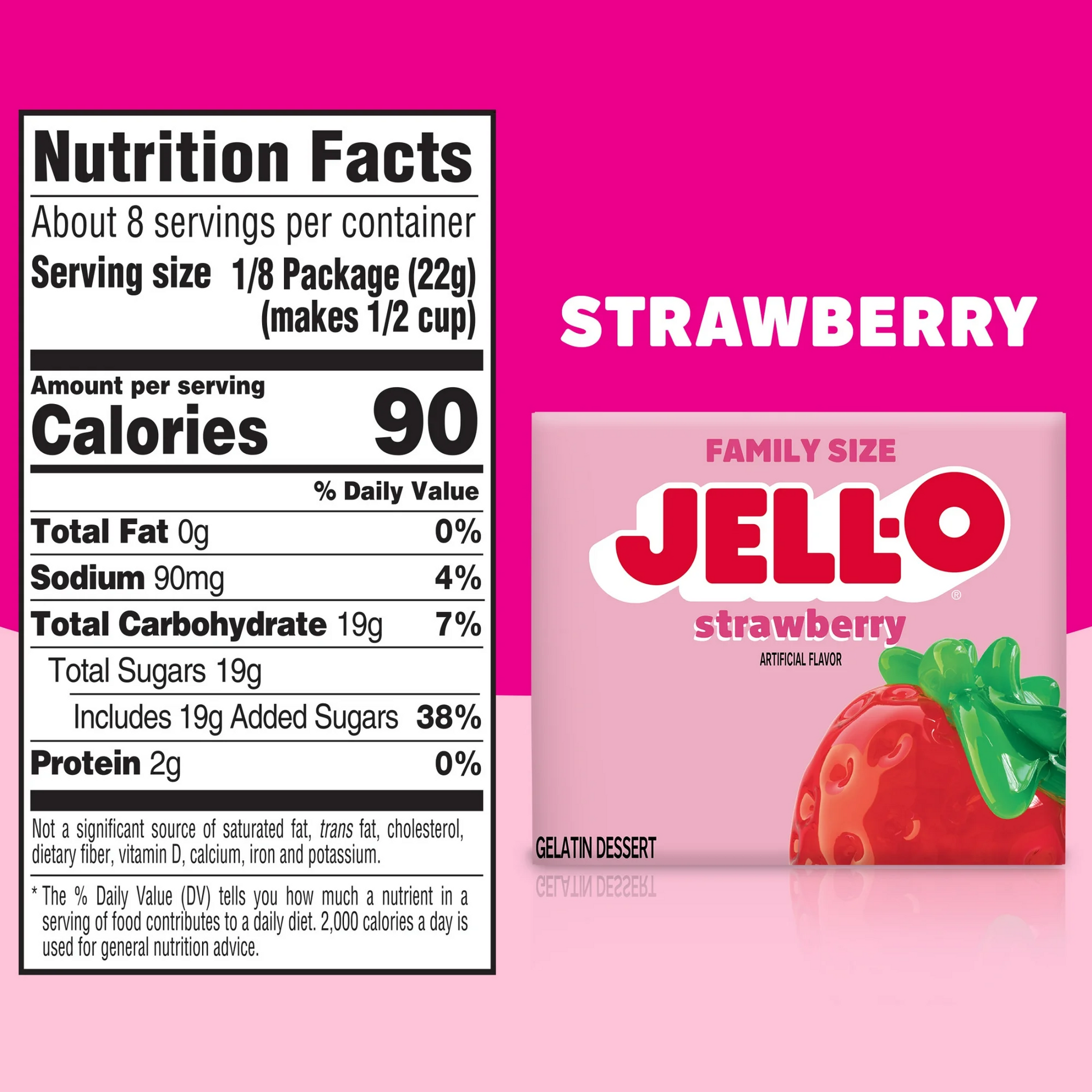 Jell-O Strawberry gelatin dessert package with nutrition facts label on a pink background