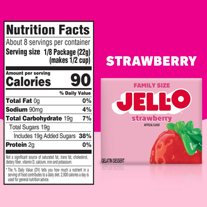 Jell-O Strawberry gelatin dessert package with nutrition facts label on a pink background